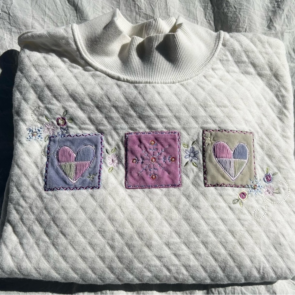 Vintage Alfred Dunner Sweater Womens Embroidered Floral Heart Cottage